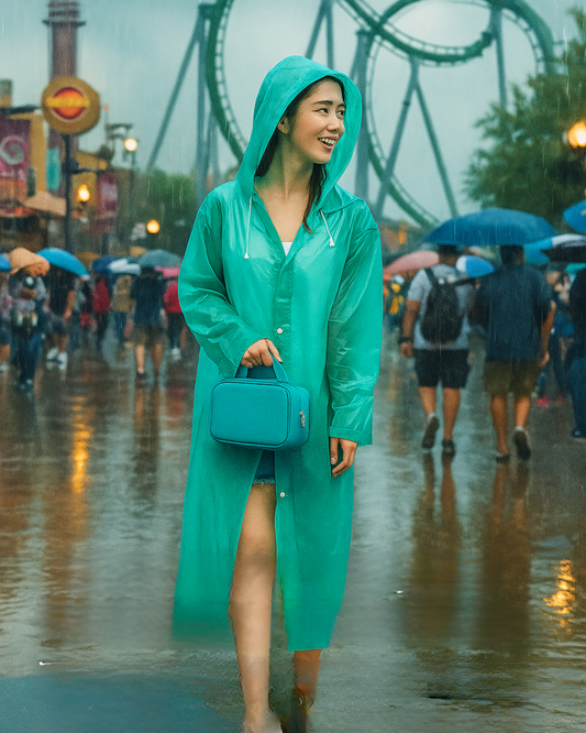 EVA Raincoat for Adults in Green. The young woman is wearing the raincoat, walking through a rainy universal studios