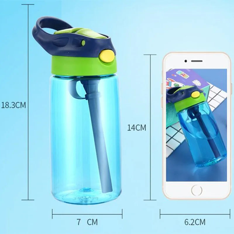 This image is of the blue bottle and showing that its size is slightly taller and wider than an smart phone. the bottle from base to the top of the handle is 18.3cm and the base of the kids water bottle is 7 cm