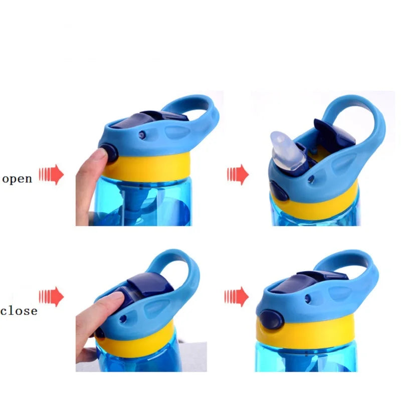 this image demonstrate how to push the flip top button to reveal the straw and how to close the cap with just one finger on the Kids Water Bottle with Straw