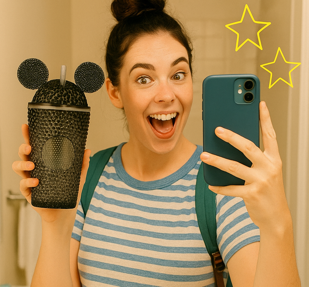 Young woman taking a selfie in the mirror of herself holding the black mouse ears tumbler cup. She has er hair up, wearing a blue and white striped tshirt and has dark green backpack straps holding up a dark green smart phone.