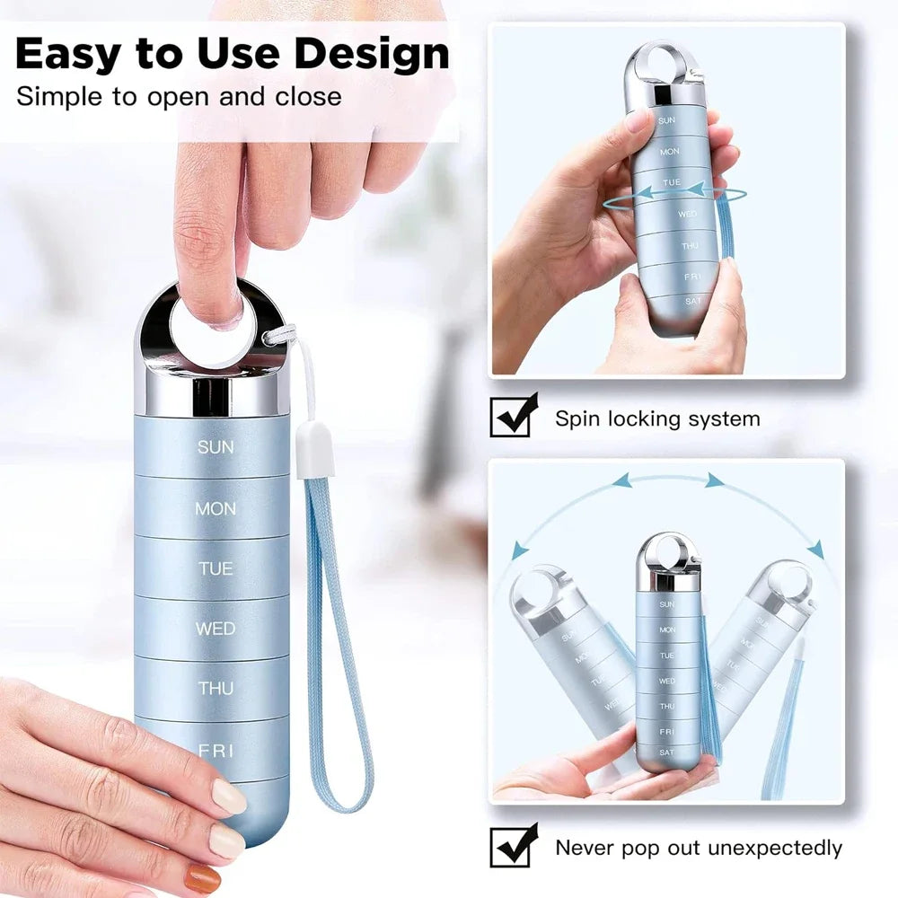 Blue pill organizer with spin locking system feature, shown being opened and closed.