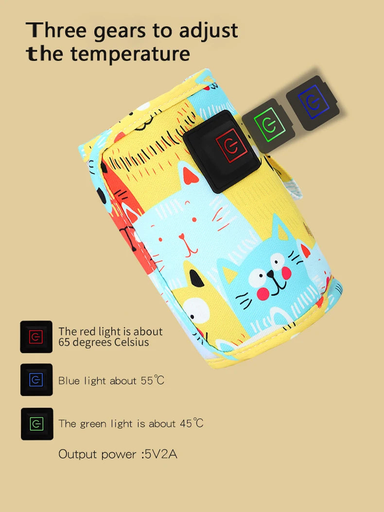 Bottle warmer with cartoon design and temperature adjustment gears on a beige background