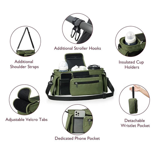 the olive green stroller hanging bag is in the middle of the photo