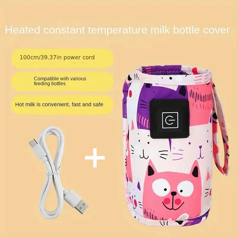 Heated constant temperature milk bottle warmer in pink & Purple with power cord on a beige background