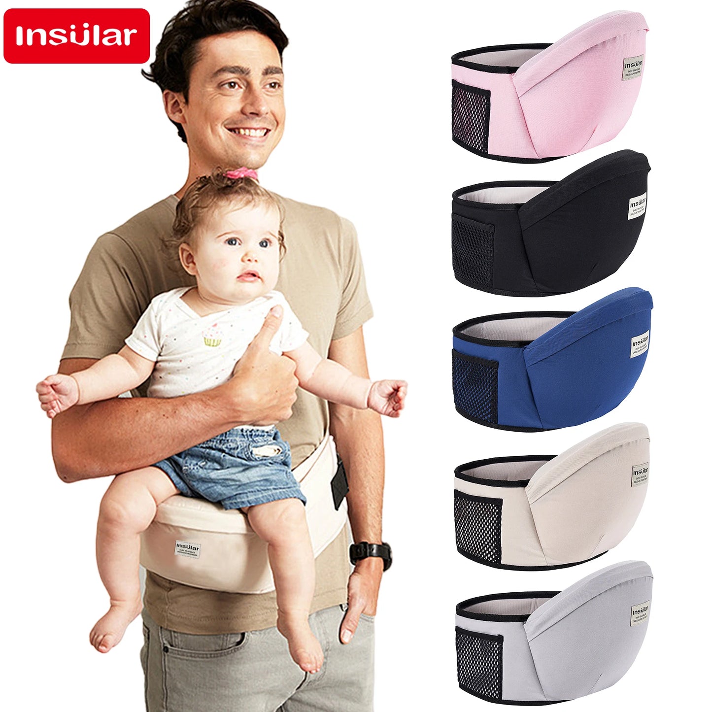 Dad holding baby kangaroo style and the different colours of the seats are displayed next to him. pink, black, blue, beige,and grey