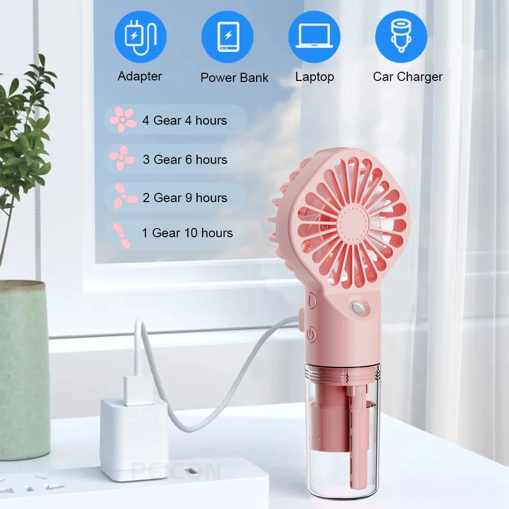 Pink handheld fan with charging options displayed on a screen in a bright room.
