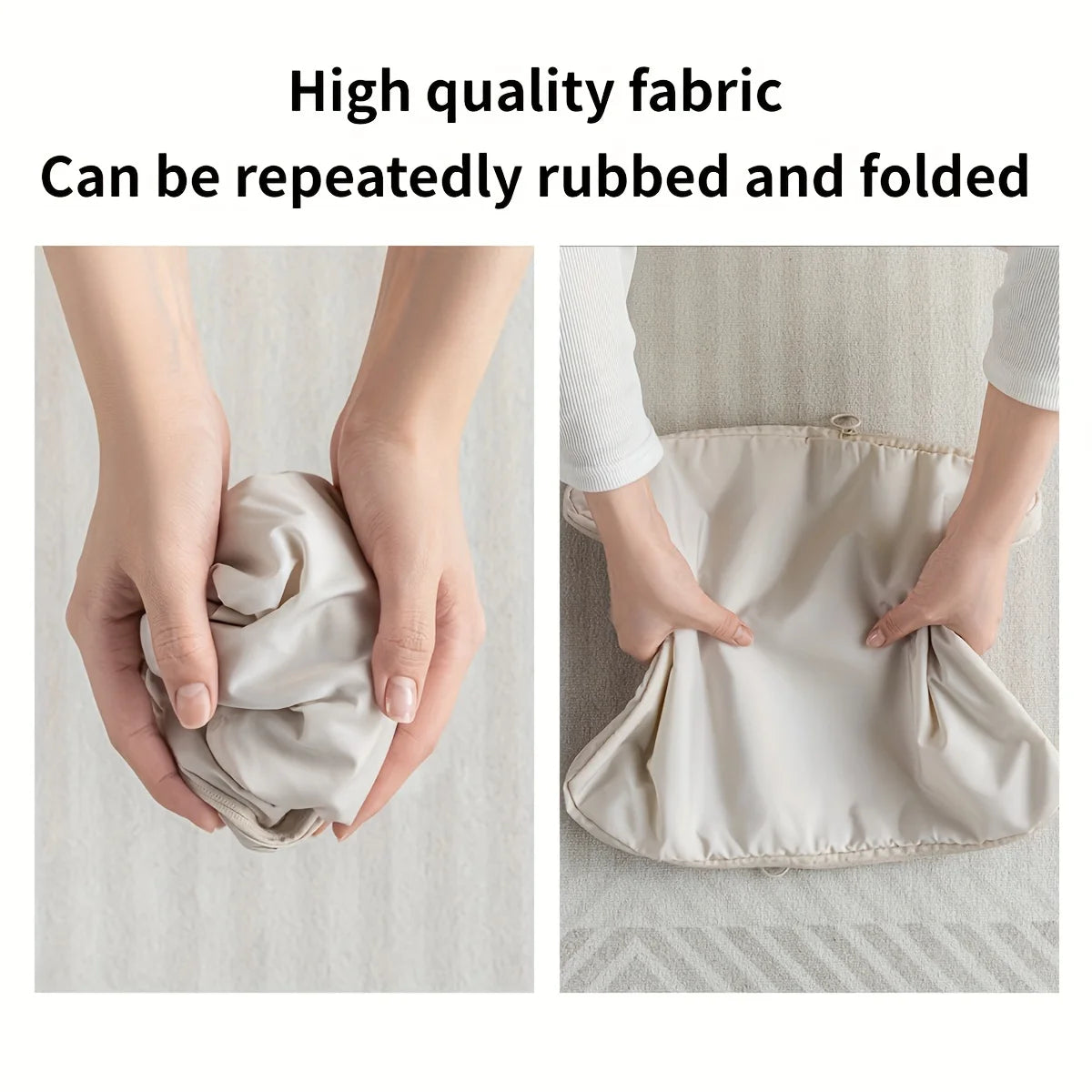 High quality fabric shown being repeatedly rubbed and folded by hands.