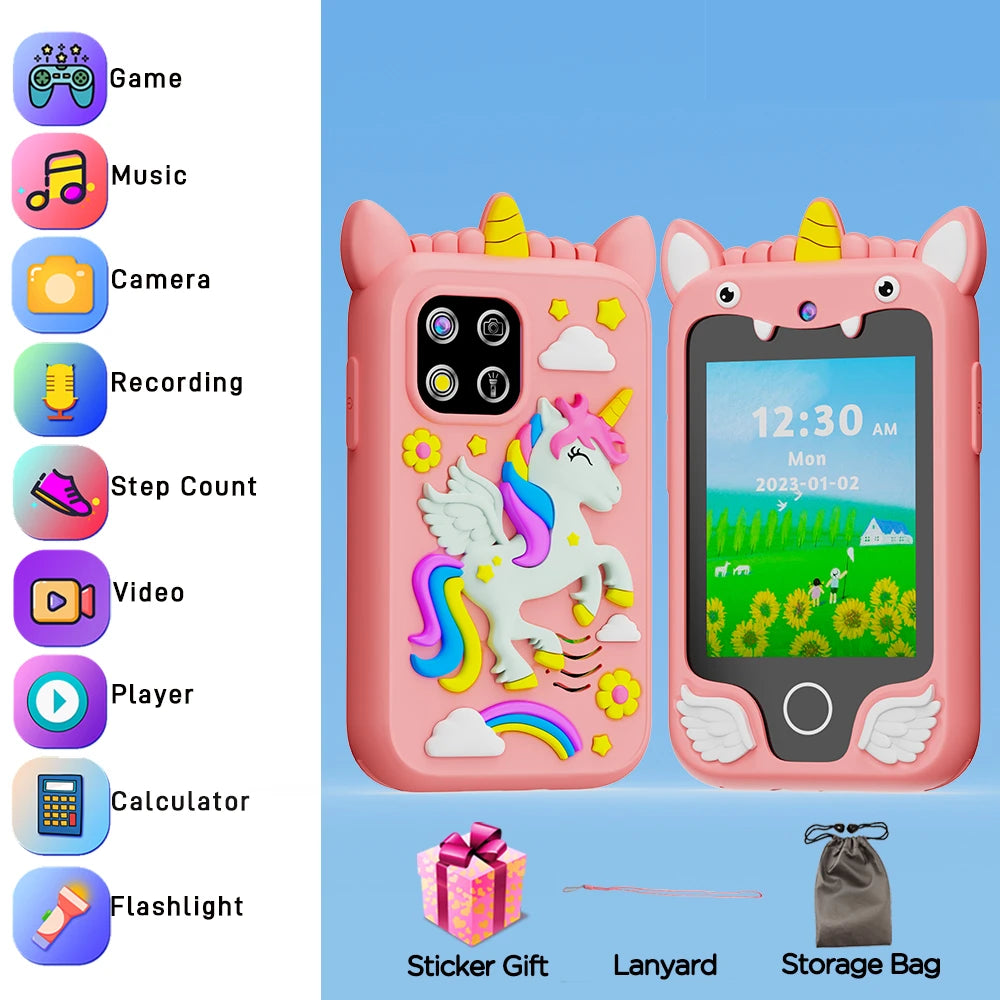 Pink Unicorn kids smartphone toy perfect for girls, photo shows it comes with a lanyard and storage bag.