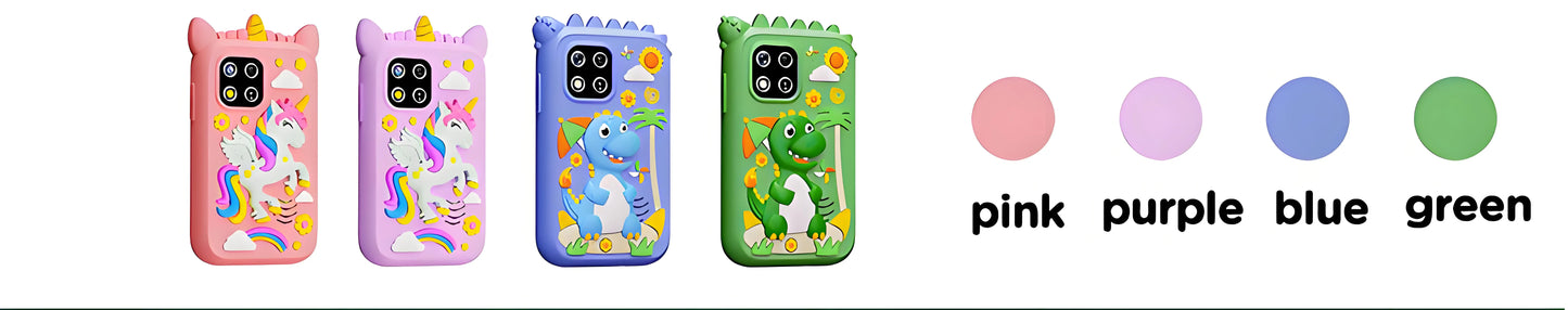 the phones come in 4 colours, pink and puple unicorns and blue and green dinosaurs