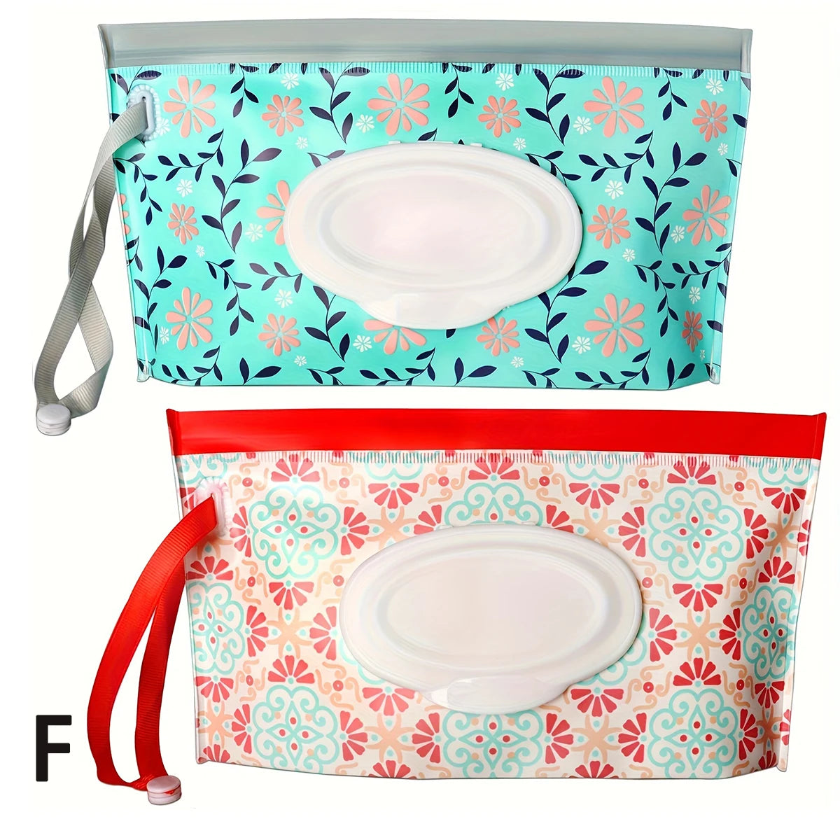 2 pc colourful wipe & tissue holder bags set F. one is blue florals with leaves and flowers the other is flower like shapes in red blue and orange