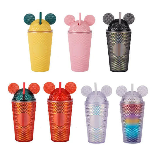 This picture shows the mouse ears tumbler cup in yellow and green, pink black, red and silver