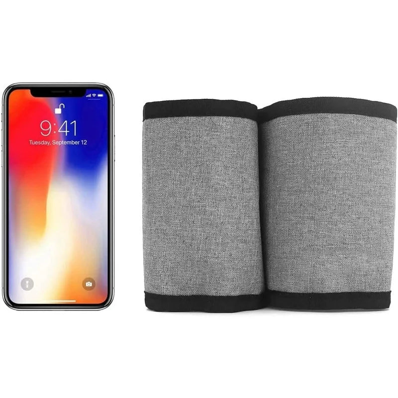Gray fabric cup holder next to a smartphone for size comparison.