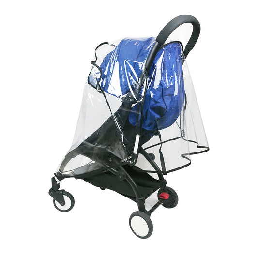 Black stroller with a clear rain cover and blue bag on a white background