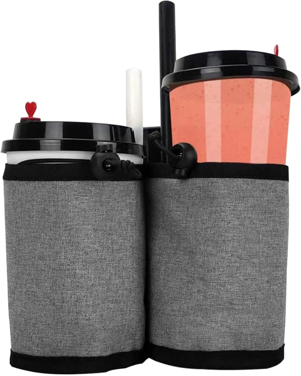 Two gray cup holders with black bands holding coffee cups on a white background