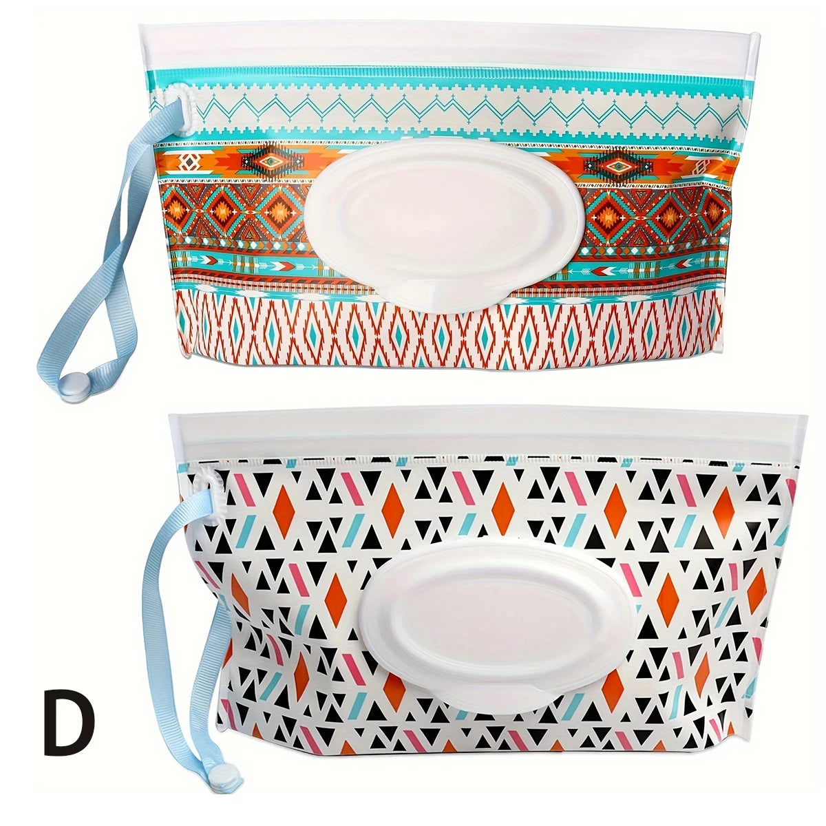 2 piece set D with aztec designs in blue, brown and orange.