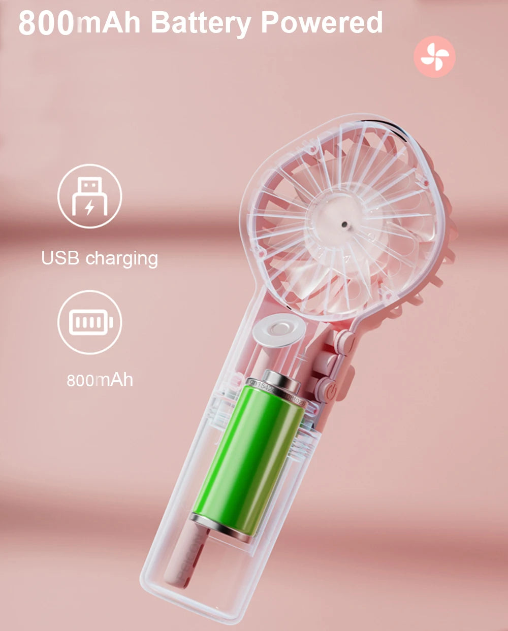 Handheld fan with 800mAh battery and USB charging on a pink background