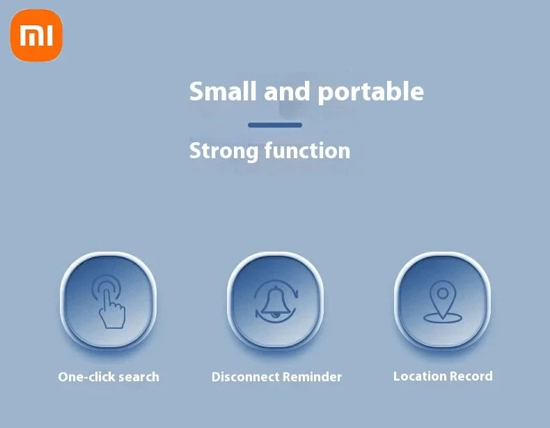 MI logo on a blue background with icons and text about product features.