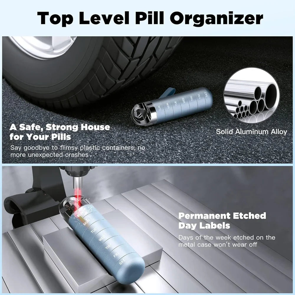 Pill organizer with solid aluminum alloy construction and permanent etched day labels on a blue background.