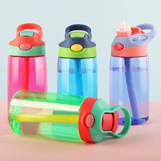 This image shows all 4 colours of the Kids Water Bottle with Straw in red, blue, purple and green