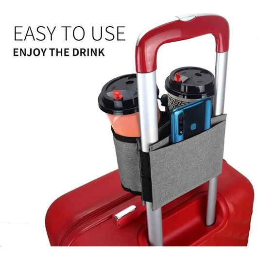 Red suitcase with a drink holder containing two coffee cups and a phone, with text 'Easy to use, enjoy the drink' on a white background.