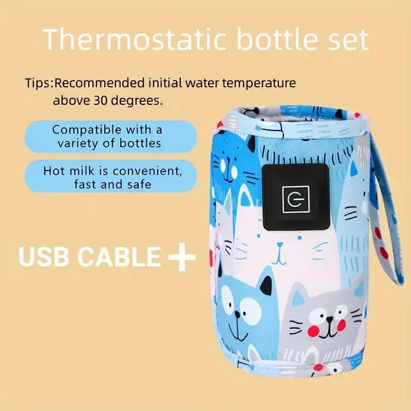 Thermostatic bottle set with cartoon blue cat design on a beige background