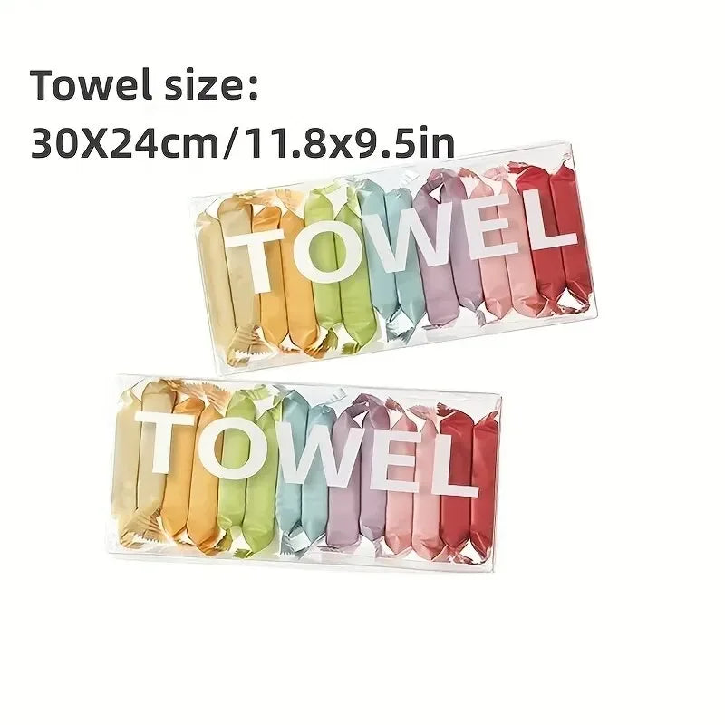Packaged towel with colorful packaging and size information on a white background
