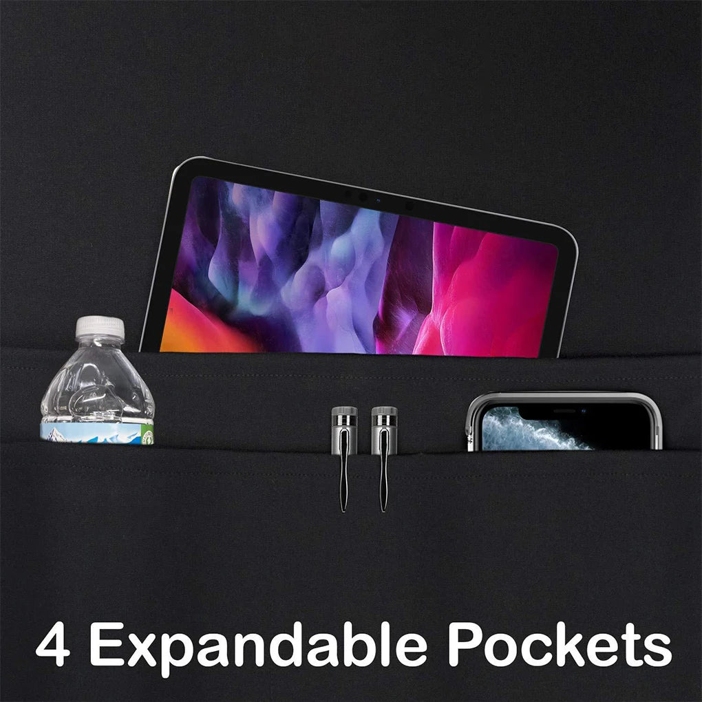 Black backpack with tablet, water bottle, and phone in expandable pockets on a black background
