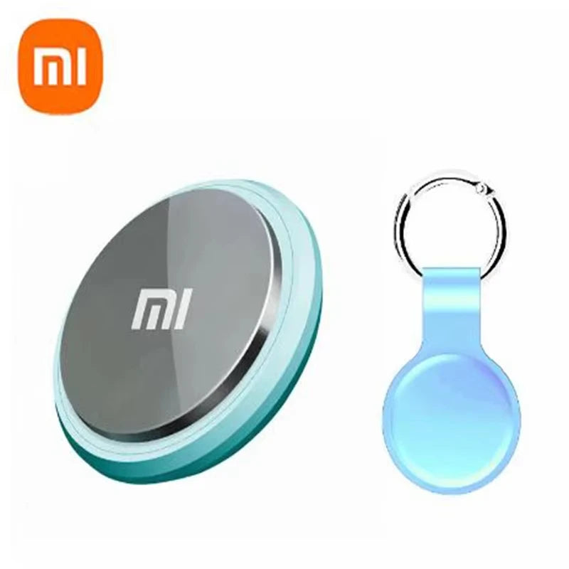 Two Xiaomi products, a round device and a keychain tag in light blue, on a white background.