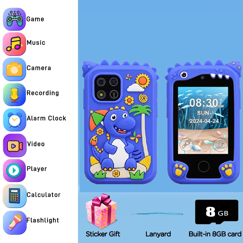 Blue Dino kids smartphone toy perfect for boys, photo shows it comes with a lanyard.