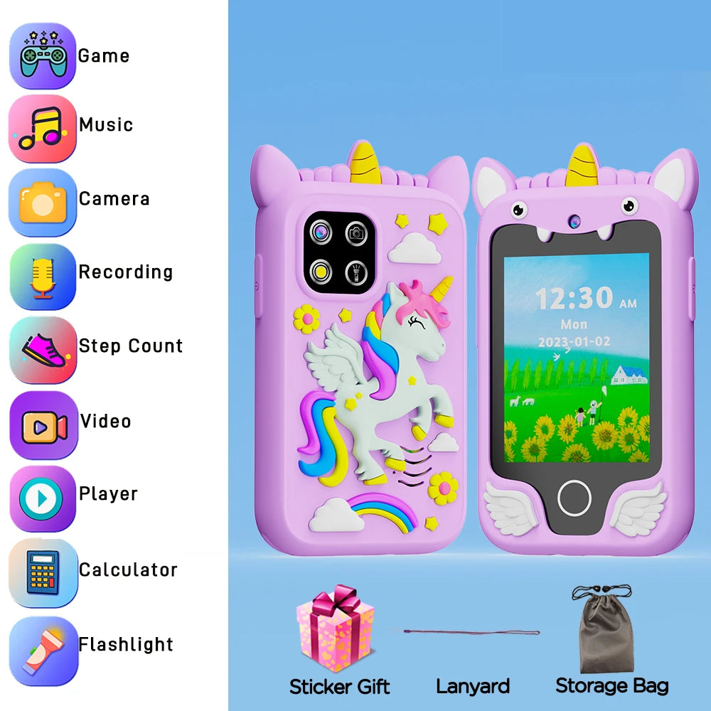 Purple Unicorn kids smartphone toy perfect for girls, photo shows it comes with a lanyard and storage bag.