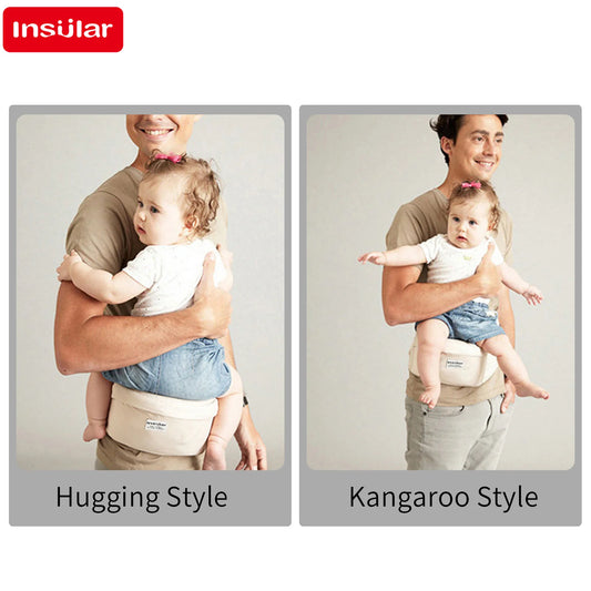dad is holding baby in 2 positions on the seat in a hugging style and a kangaroo style