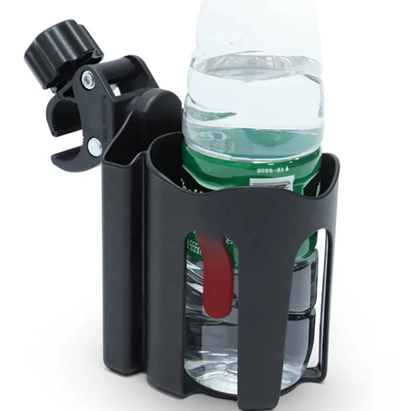 Black drink holder with holding a bottle of water on a white background