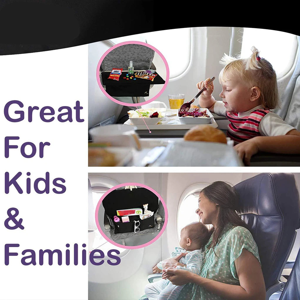 Child using airplane tray table with food and a woman holding a baby, with text 'Great For Kids & Families'.