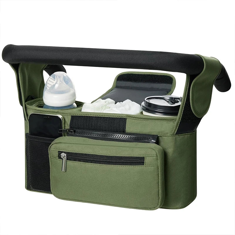 shows olive green bag hanging from stroller