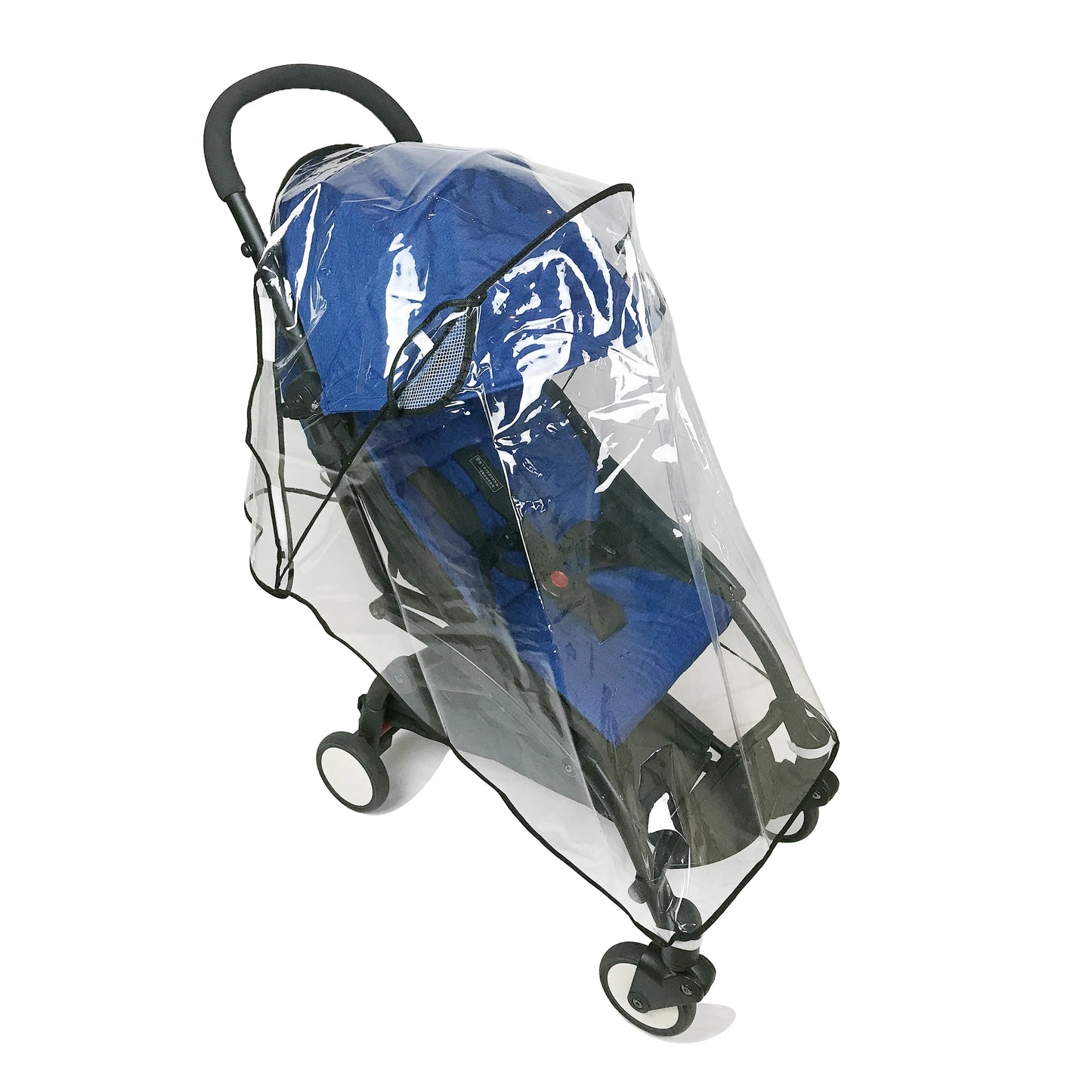 Blue stroller with a clear rain cover on a white background