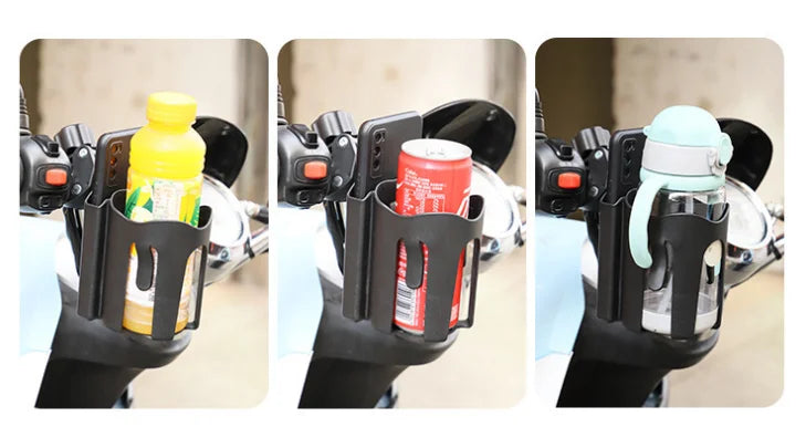 Three views of a motorcycle drink holder with different items inside.