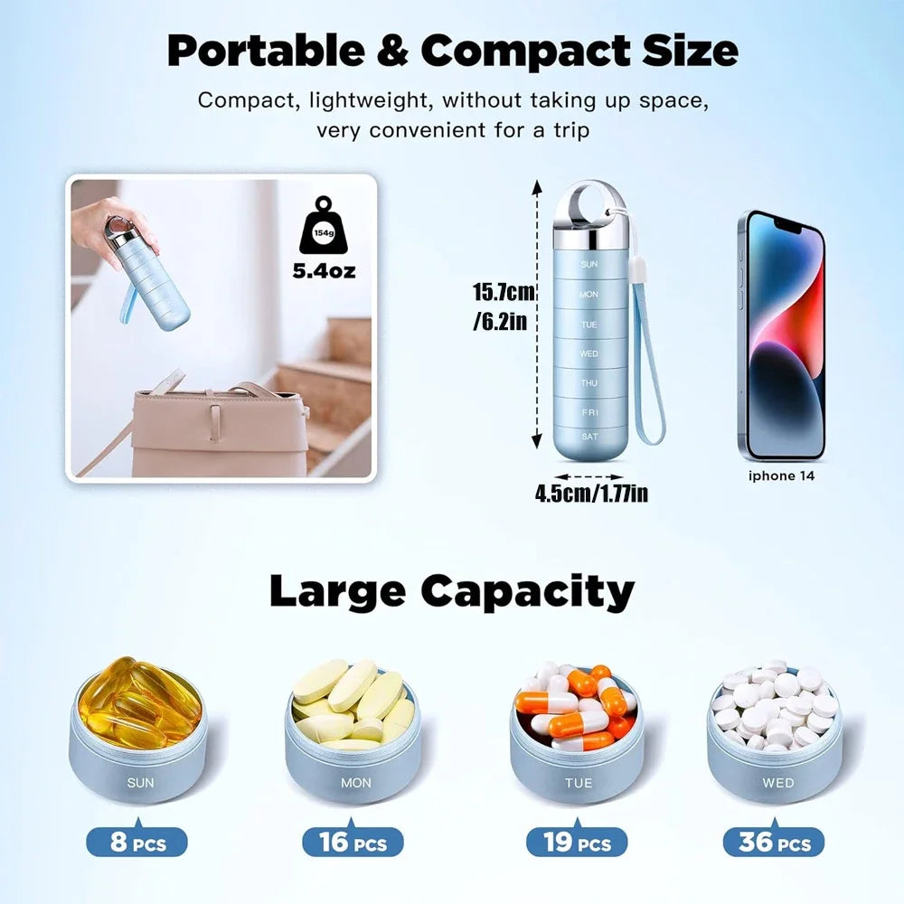 Portable 7 day travel size pill organiser for tablets, pills, meds and supplements with capacity and size comparison to a phone and bag