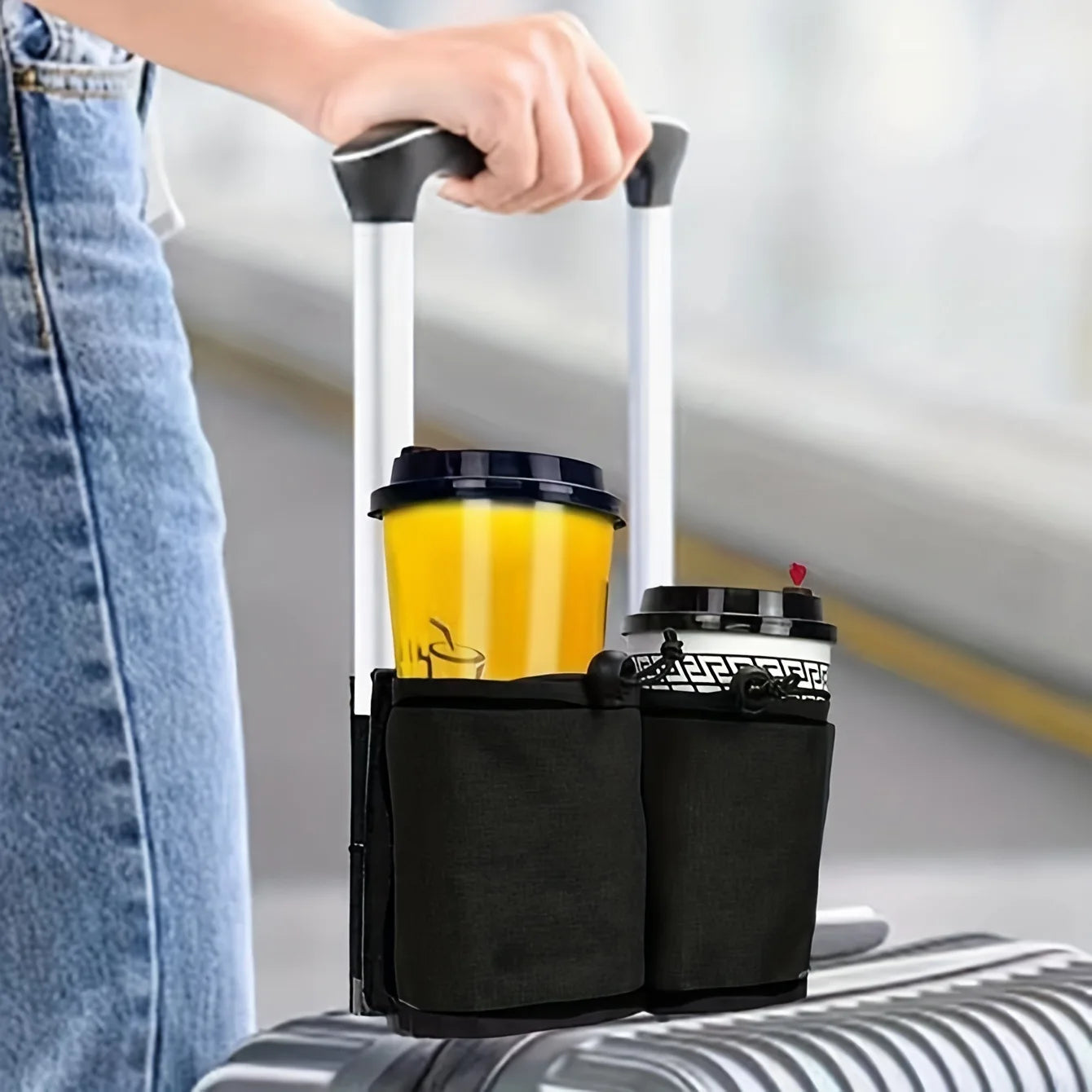Person holding a luggage handle with a cup holder containing two coffee cups.