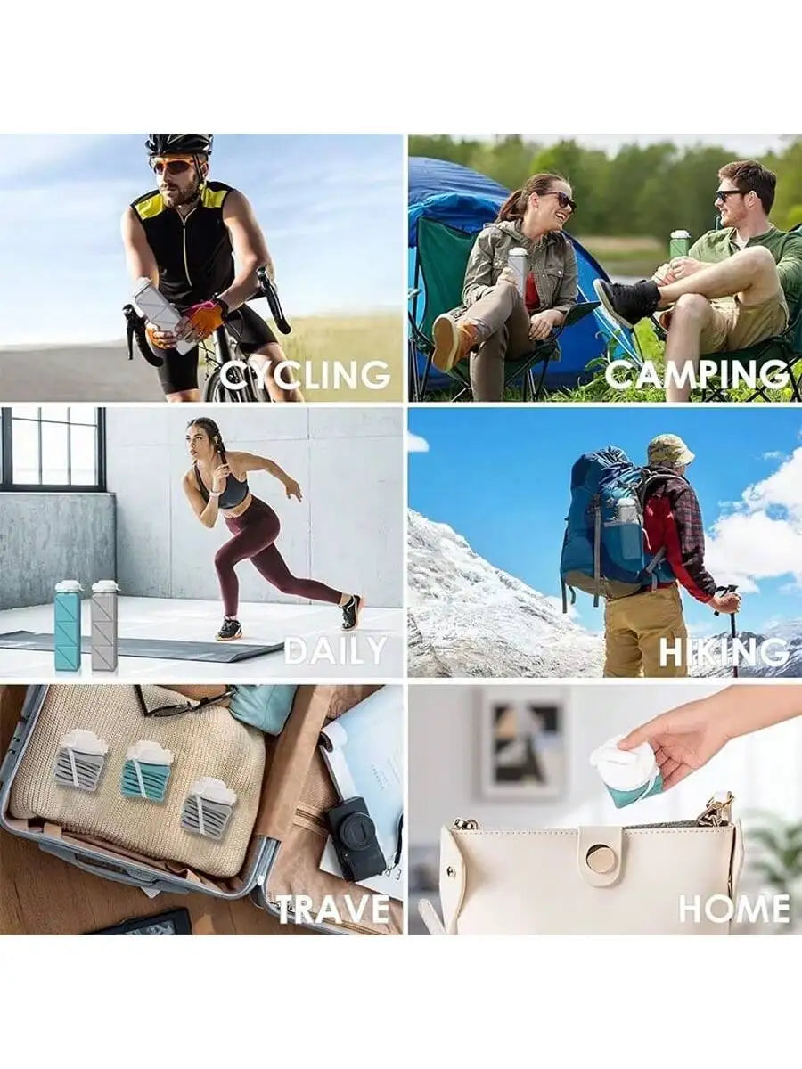 Collage of people in various activities with text labels for cycling, camping, daily, hiking, travel, and home.