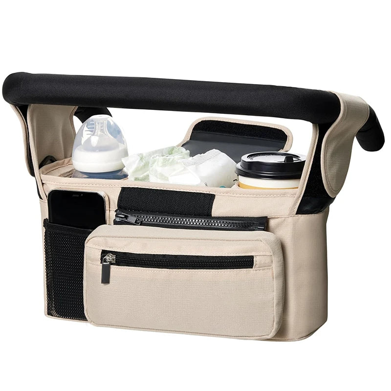 shows beige bag hanging from stroller