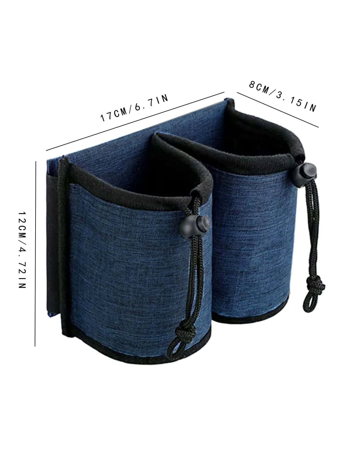 Blue luggage cup holder with black straps and measurements on a white background