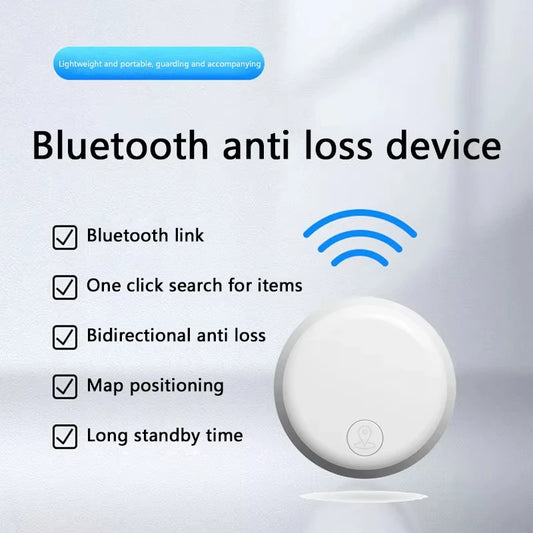 Bluetooth anti-loss device with features listed on a light gray background
