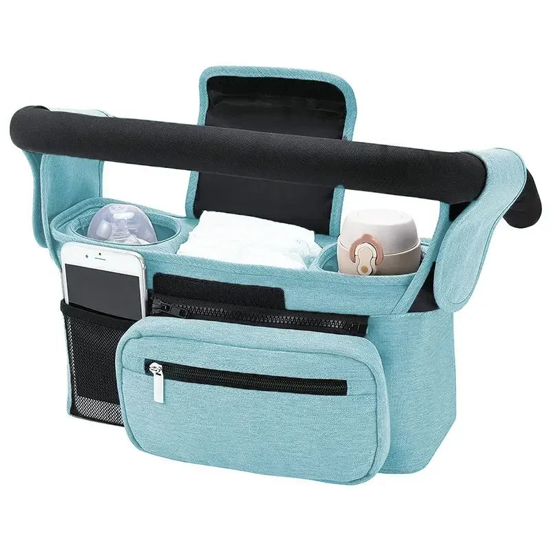 shows blue bag hanging from stroller