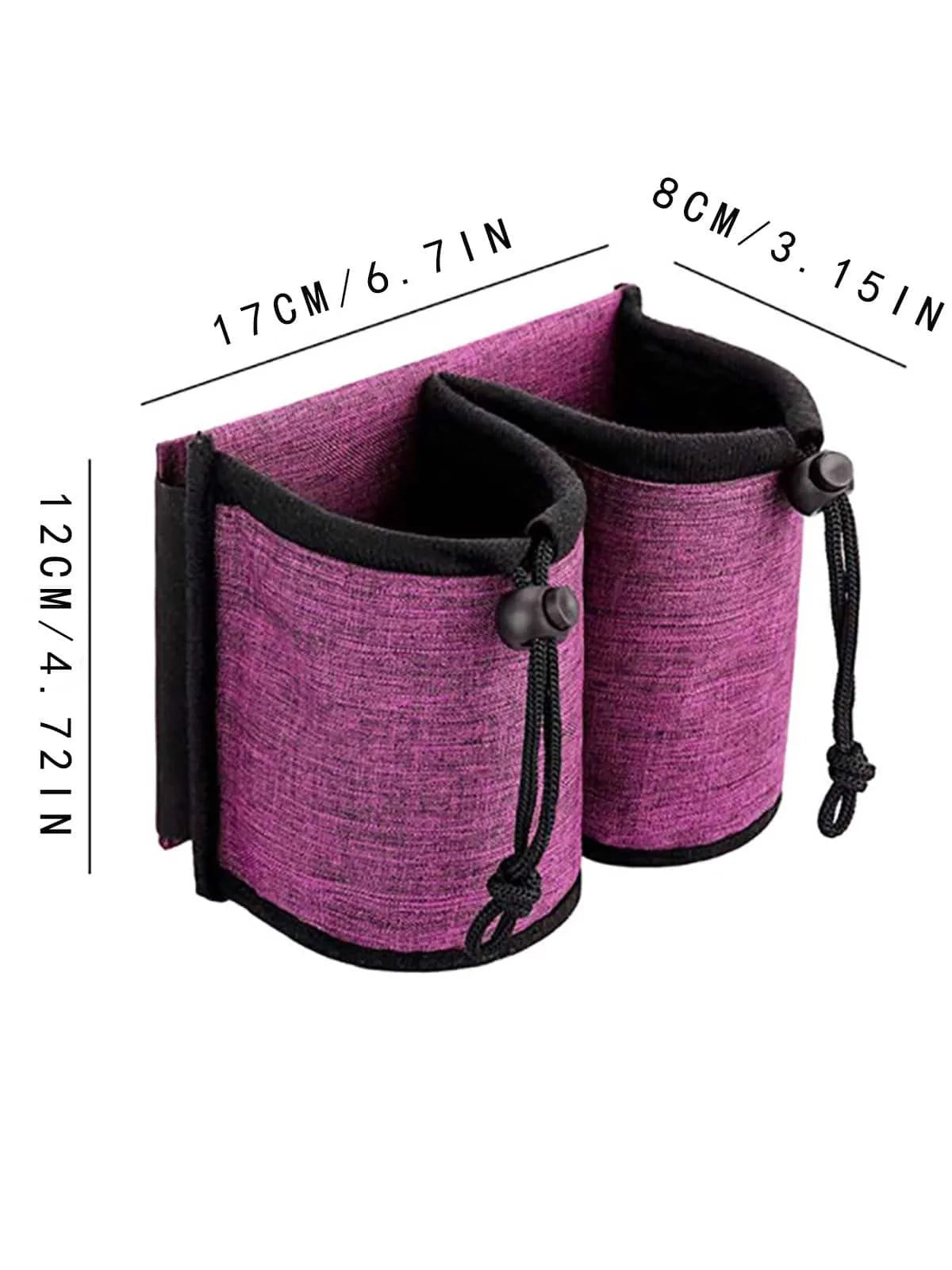 Purple drinks holder with black straps and measurements, 17cm x 12 cm x 8cm