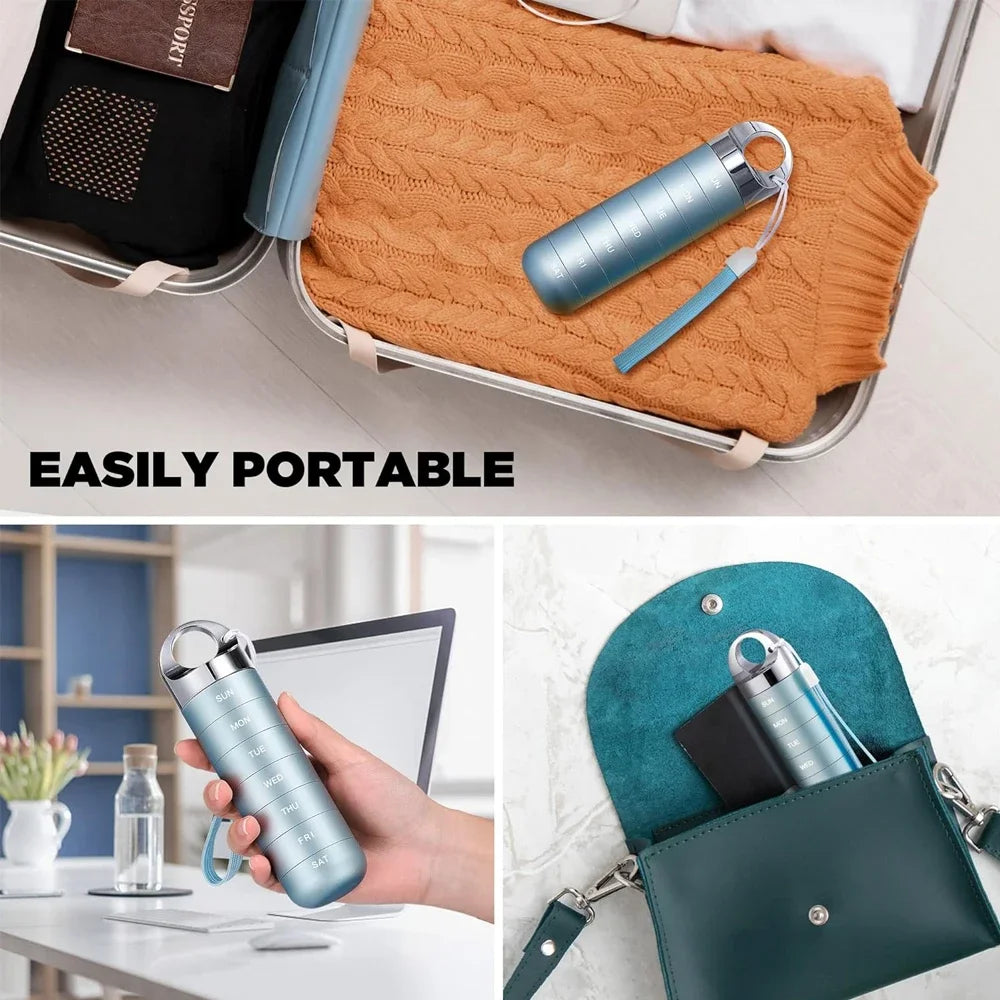 Collage of a portable pill organiser with text 'Easily Portable' on a white background.