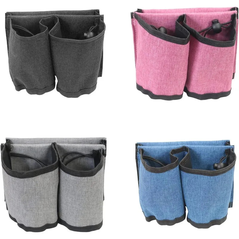 Four fabric luggage handle drinks holder in gray, pink, blue, and black on a white background.