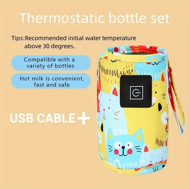 Thermostatic bottle set with colorful yellow and Blue design on a beige background
