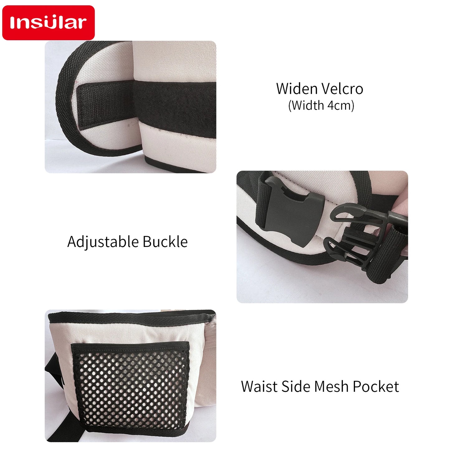 this shows that you can widen the velcro, adjust the buckle and there is a mesh pocket on the side