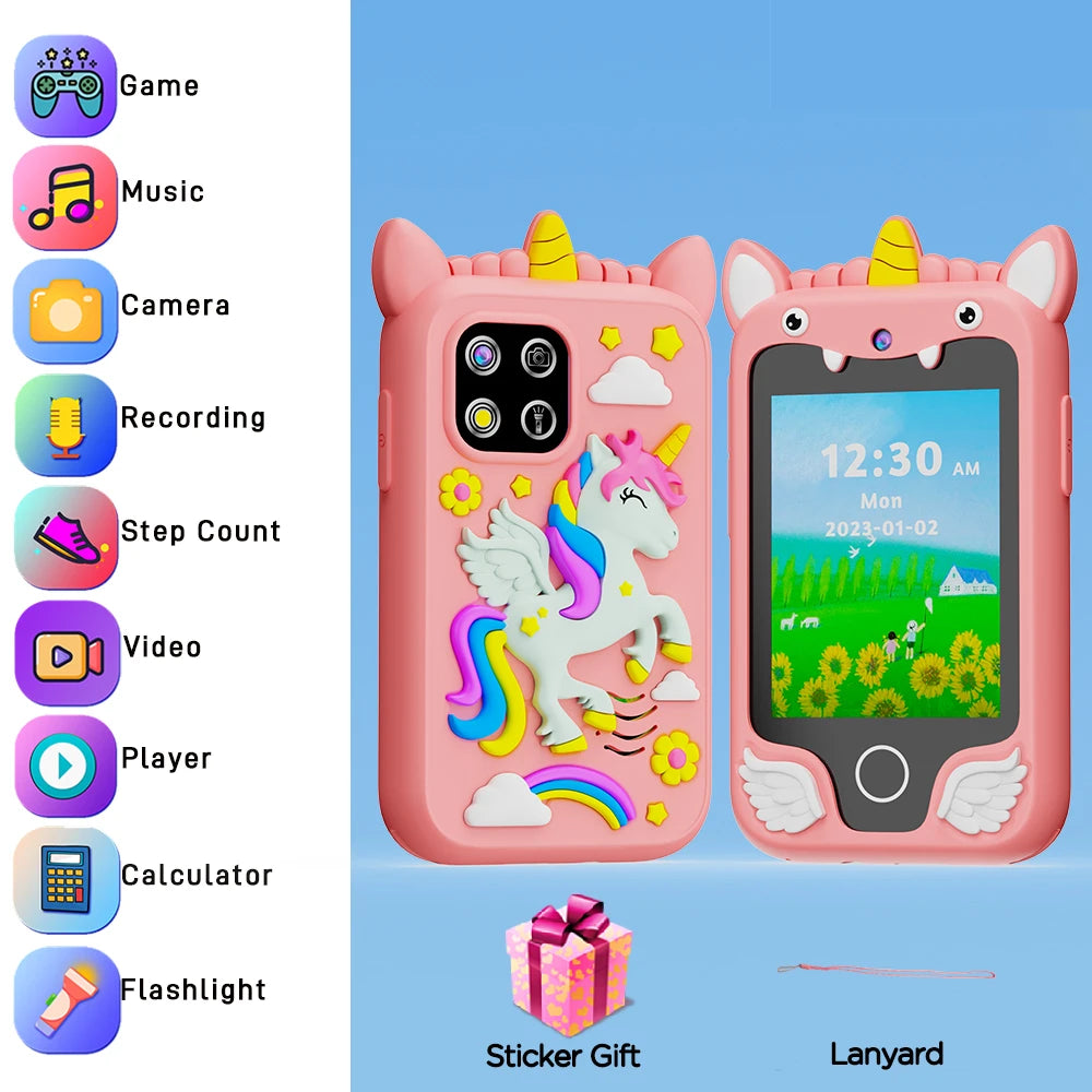 Pink Unicorn kids smartphone toy perfect for girls, photo shows it comes with a lanyard.
