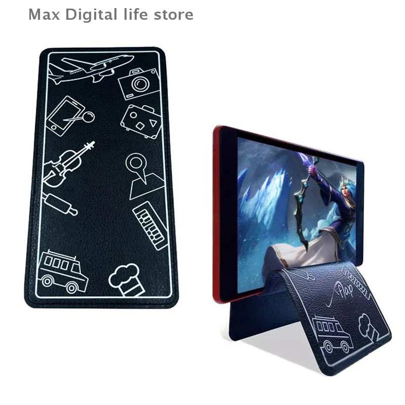 Tablet with a foldable phone holder featuring various travel icons on a white background